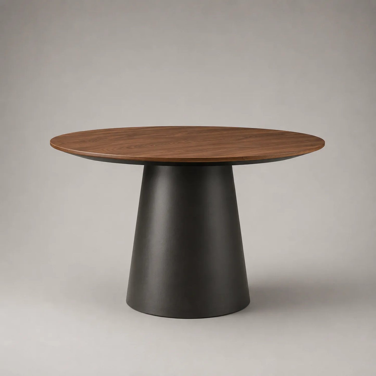 Runder Holztisch mit Metallbasis, Nussbaum und Schwarz