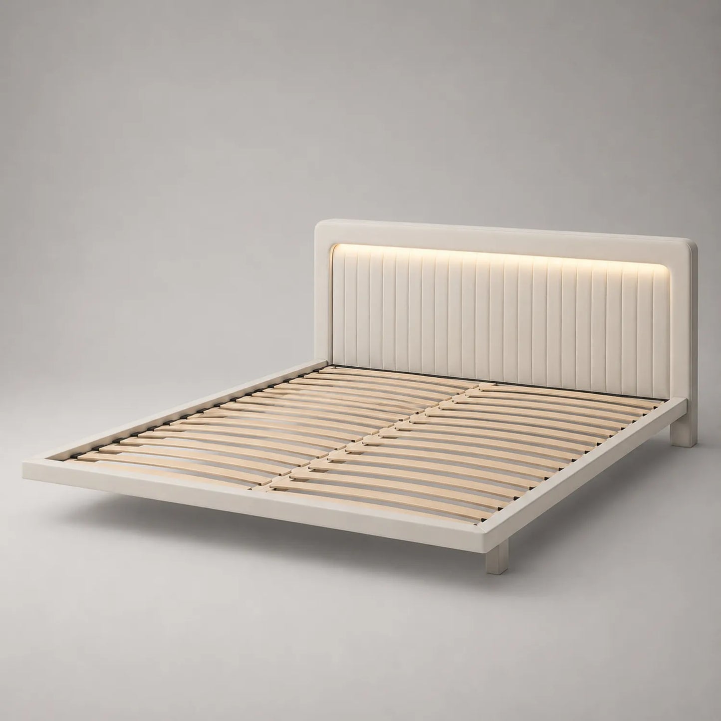 Holzbett mit gepolstertem Kopfteil und LED-Beleuchtung 200x180 cm Creme