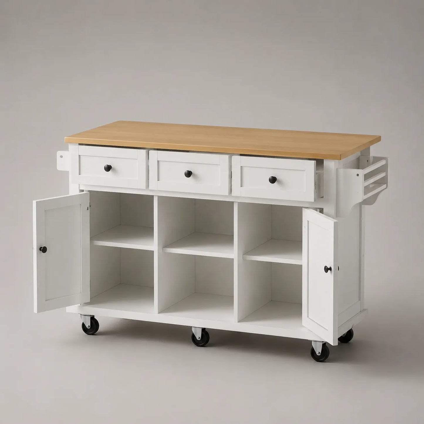 Küchenwagen aus Holz und MDF mit Schubladen und Türen, Weiß/Natur
