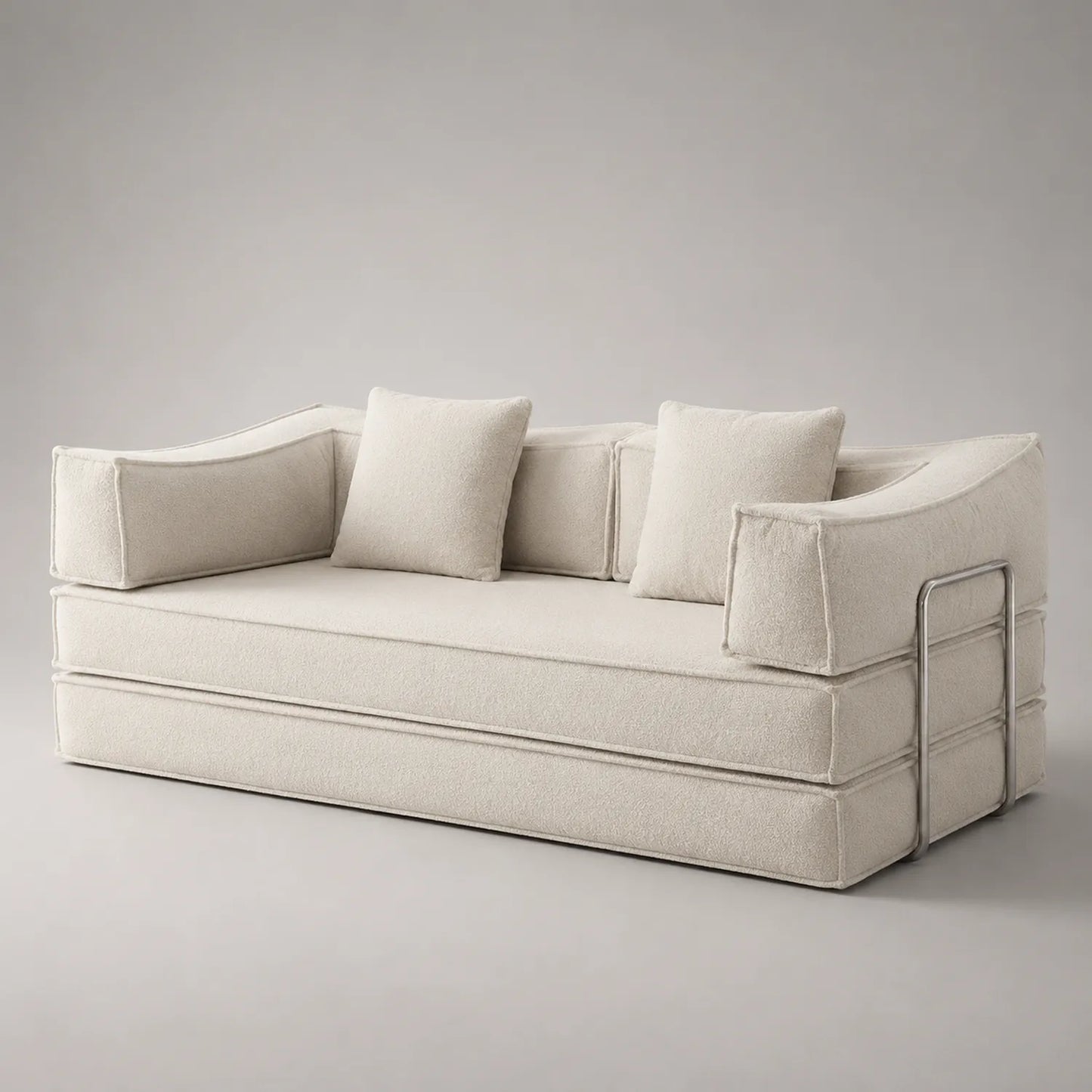 3-Sitzer Sofa aus Bouclé-Stoff mit Edelstahlrahmen in Creme