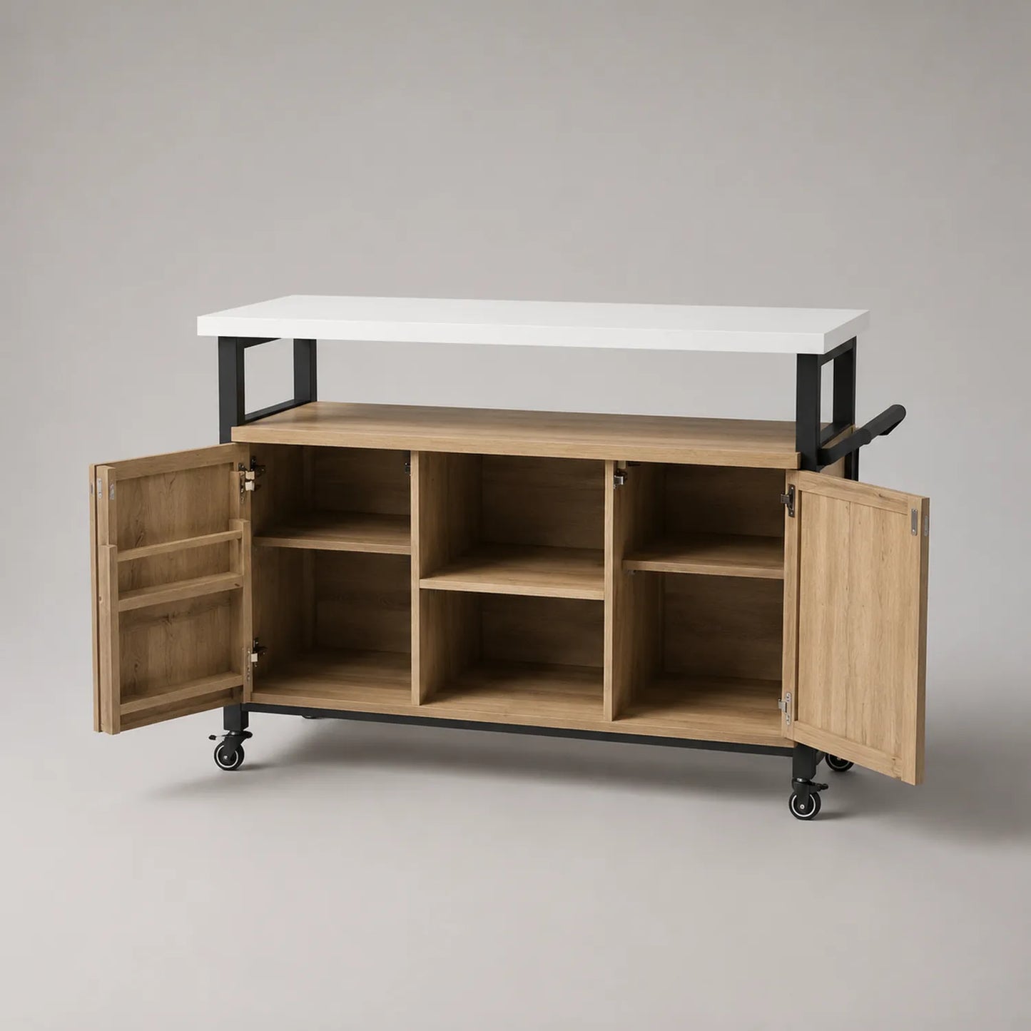 Kücheninsel aus Holz und Stahl mit Rollen, Weiß und Eichenholz, 120cm x 40cm x 90cm