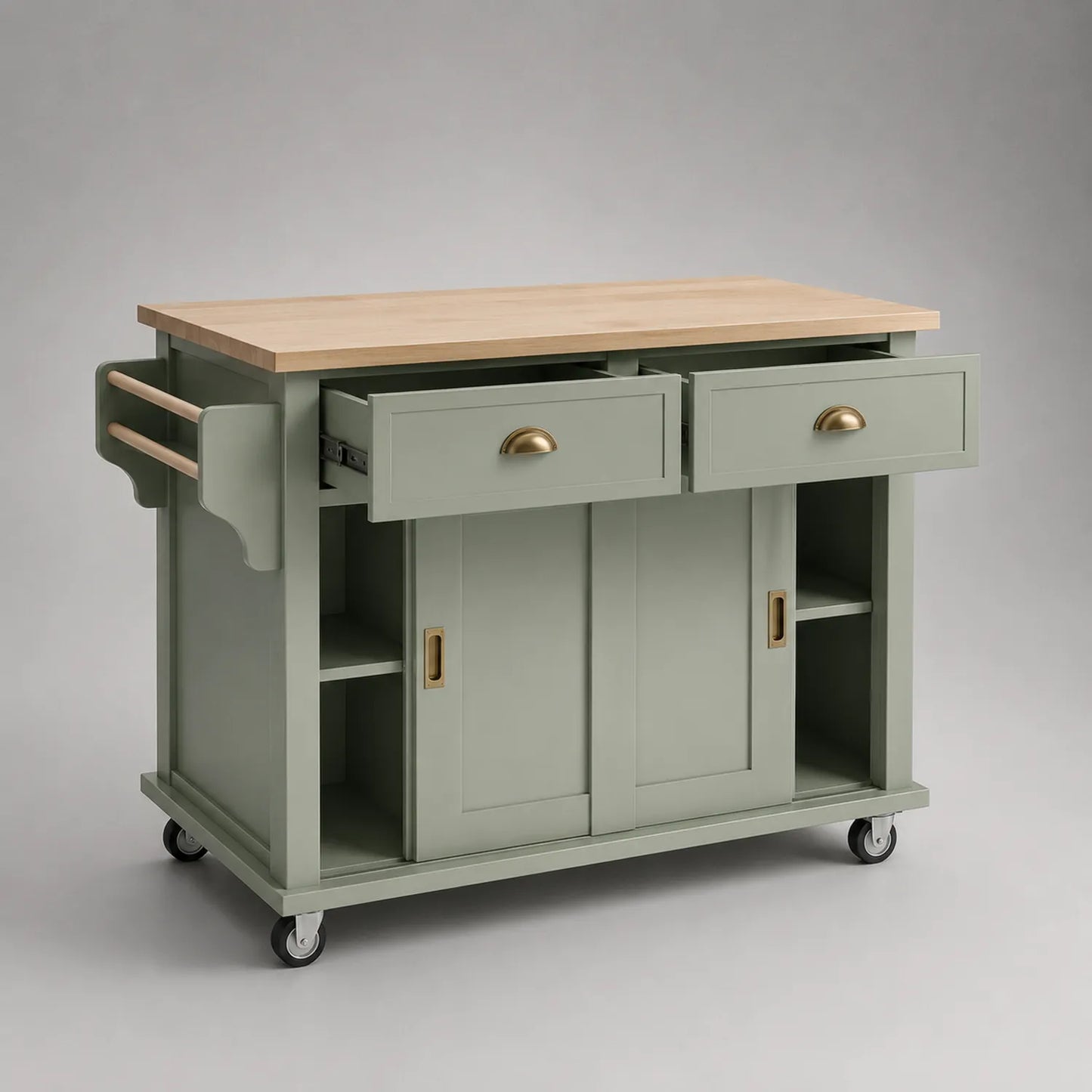 Küchenwagen aus Holz mit Schubladen, Grün