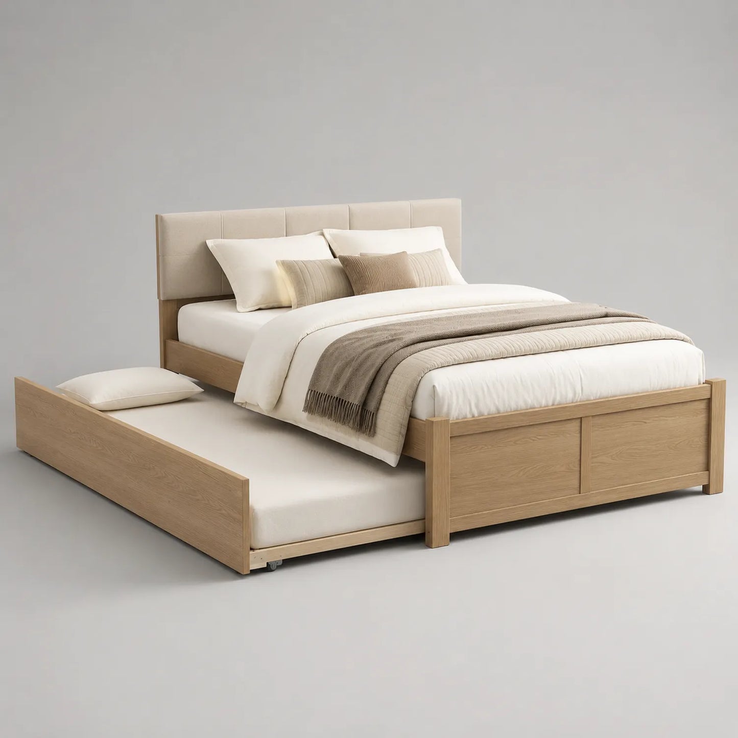 Eichenholzbett mit Trundle und gepolstertem Kopfteil 200x180 cm Beige
