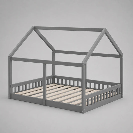 Hausbett für Kinder aus Kiefernholz Grau 98x208x160 cm