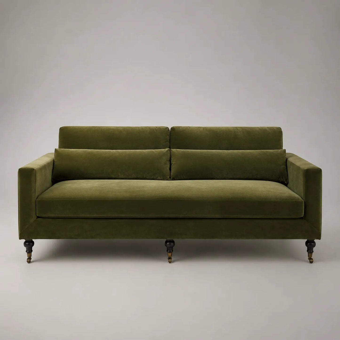 Dreisitziges Sofa Samt Olivgrün mit Holzbeinen