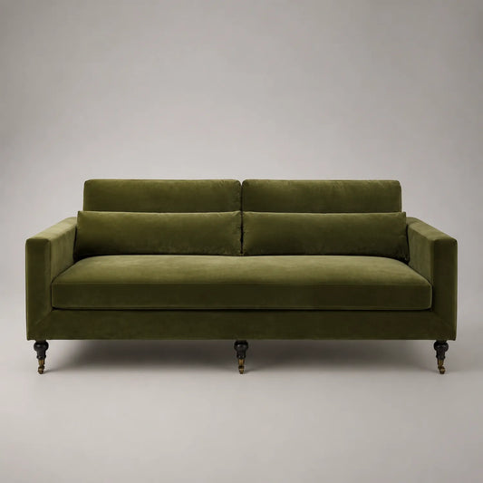 Dreisitziges Sofa Samt Olivgrün mit Holzbeinen
