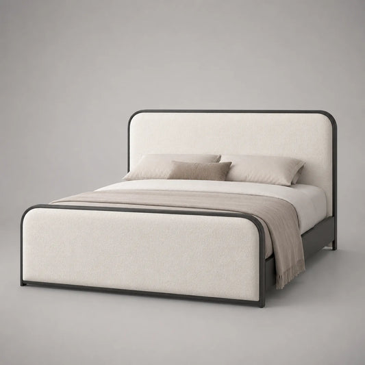 Metallbett mit Bouclé-Stoff in Creme