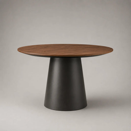 Runder Holztisch mit Metallbasis, Nussbaum und Schwarz