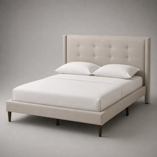 Beigefarbenes Polsterbett 200x180 cm mit Stoffbezug und Massivholzbeinen