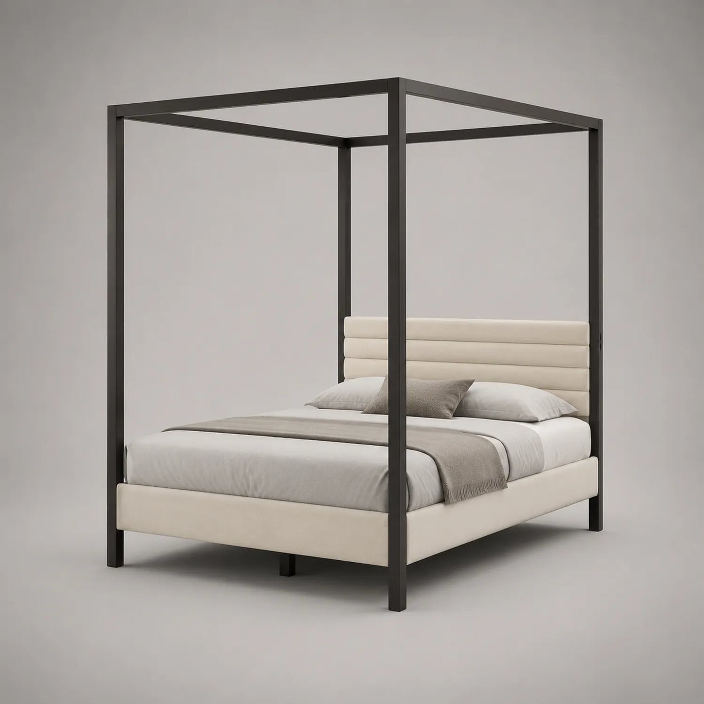 Metall-Himmelbett mit beiger Polsterung