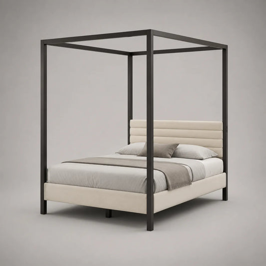 Metall-Himmelbett mit beiger Polsterung