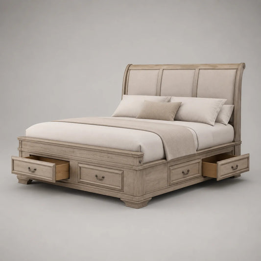 Doppelbett aus Kiefernholz mit Stauraum 140x200 cm Beige Polyester