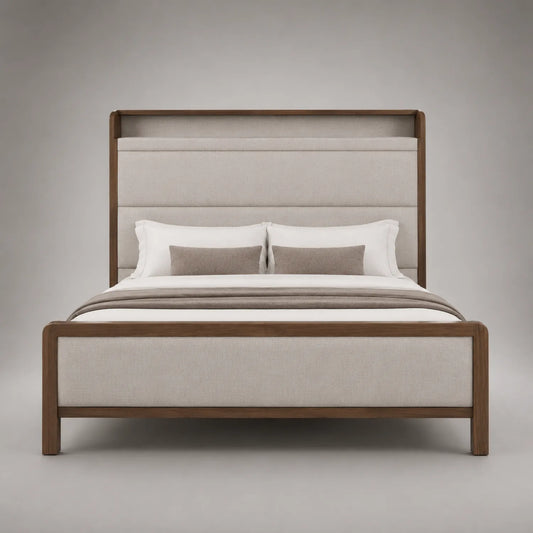 Stoffbezogenes Bett aus Massivholz 200x160 cm Beige