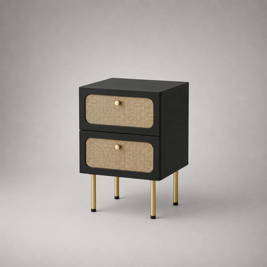 Nachttisch aus Holz mit 2 Rattan-Schubladen, Schwarz/Gold, 60 cm hoch