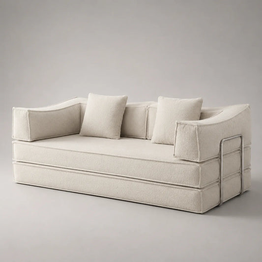 3-Sitzer Sofa aus Bouclé-Stoff mit Edelstahlrahmen in Creme