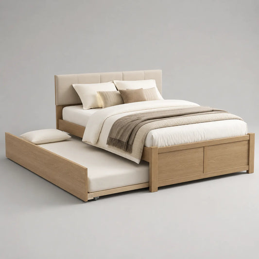 Eichenholzbett mit Trundle und gepolstertem Kopfteil 200x180 cm Beige