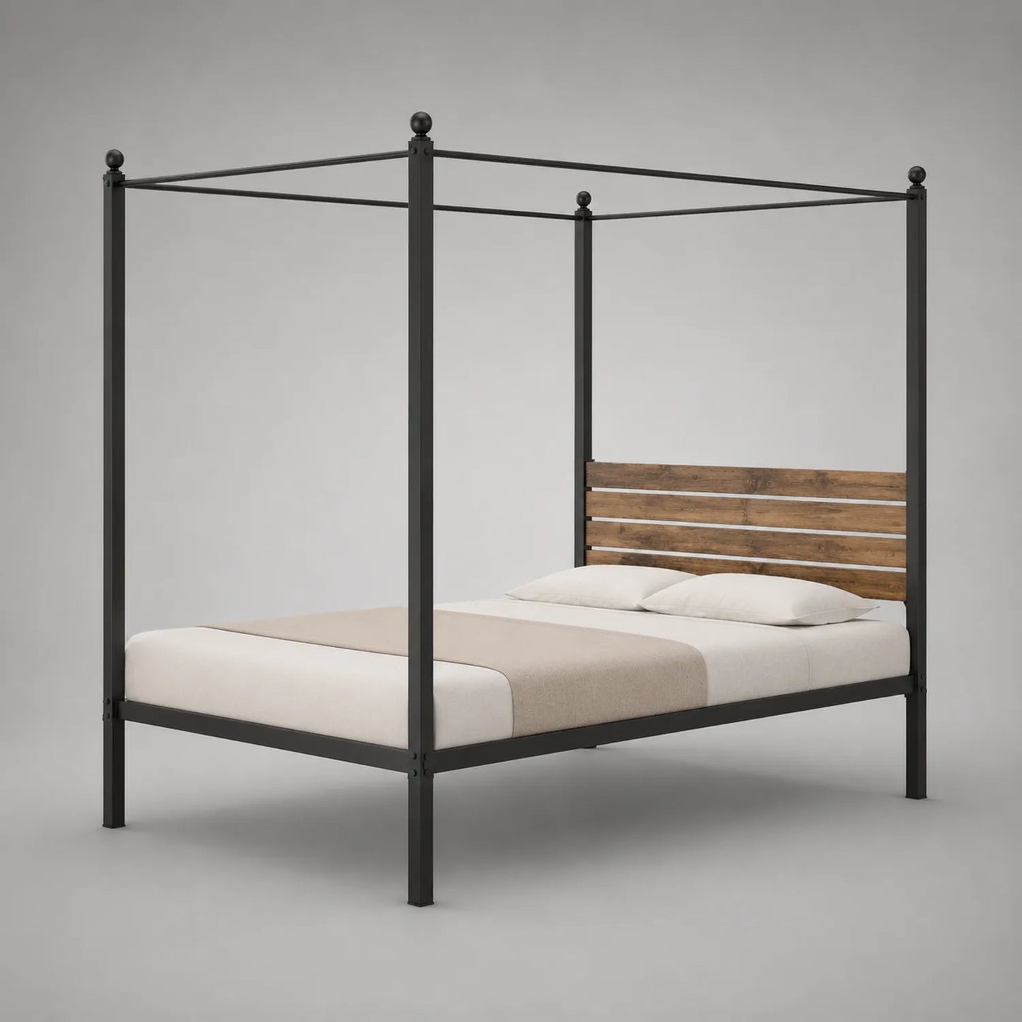 Metall-Himmelbett mit Holz-Kopfteil 210x160cm Schwarz/Braun