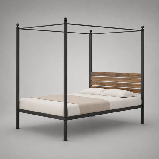 Metall-Himmelbett mit Holz-Kopfteil 210x160cm Schwarz/Braun